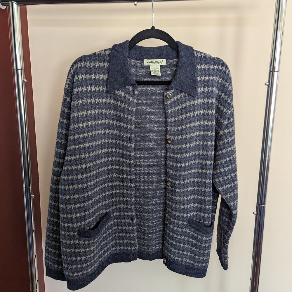 Vintage Eddie Bauer Wool Blue Houndstooth Cardigan